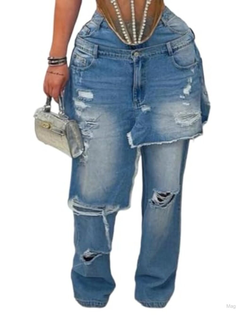 Womens Double Waist Ripped Boyfriend Jeans Patchwork Frayed